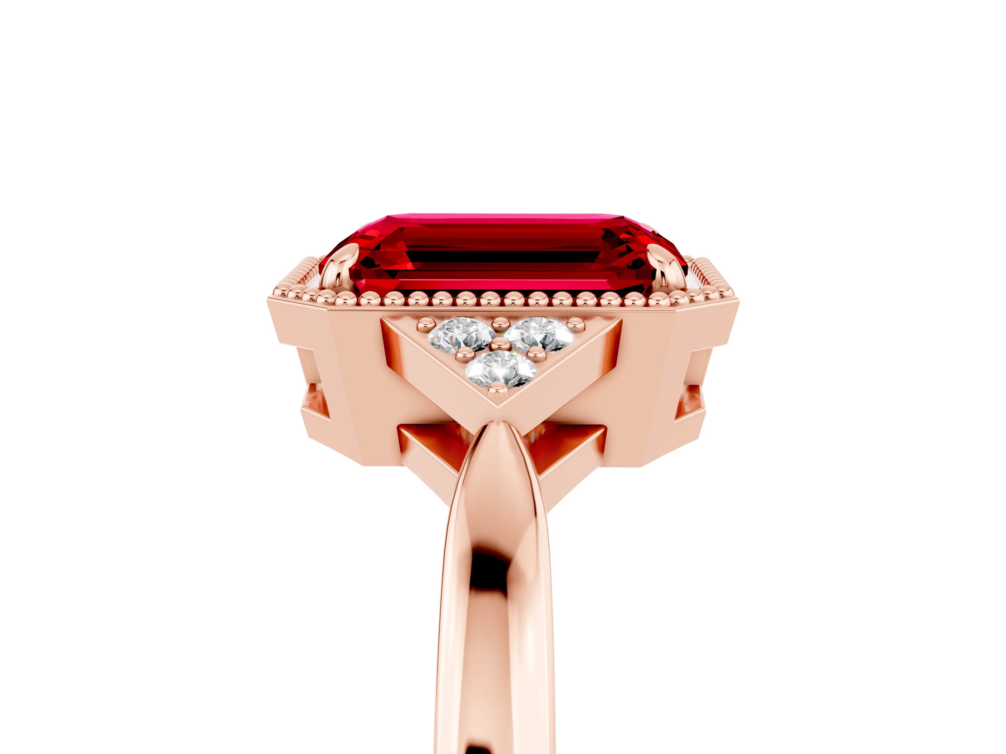 Rose gold Emerald Cut Ruby Halo Ring with Tapered Band and Four-Prong Setting_5