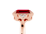 Rose gold Emerald Cut Ruby Halo Ring with Tapered Band and Four-Prong Setting_5