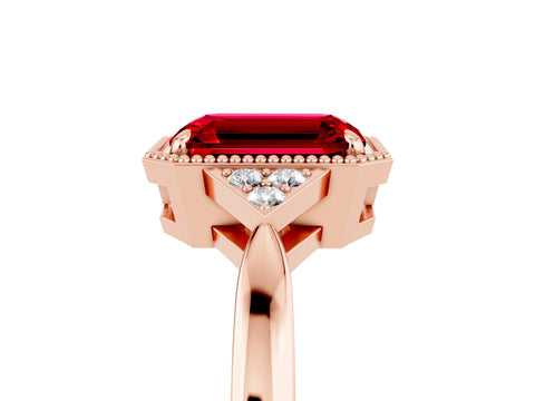 Rose gold Emerald Cut Ruby Halo Ring with Tapered Band and Four-Prong Setting_5