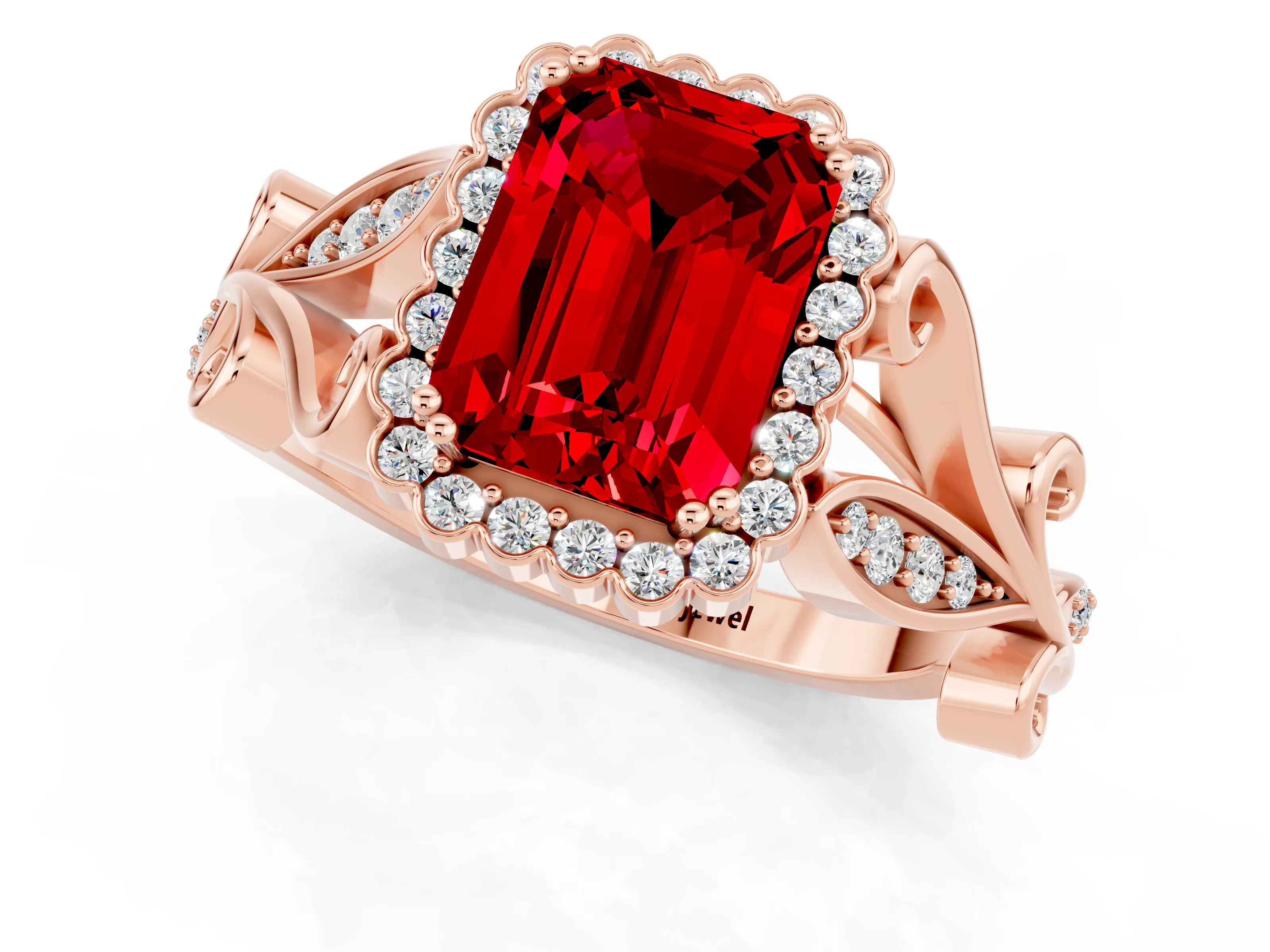 Rose gold Emerald Cut Ruby Halo Ring with Vintage Split Shank and Four-Prong Setting_1