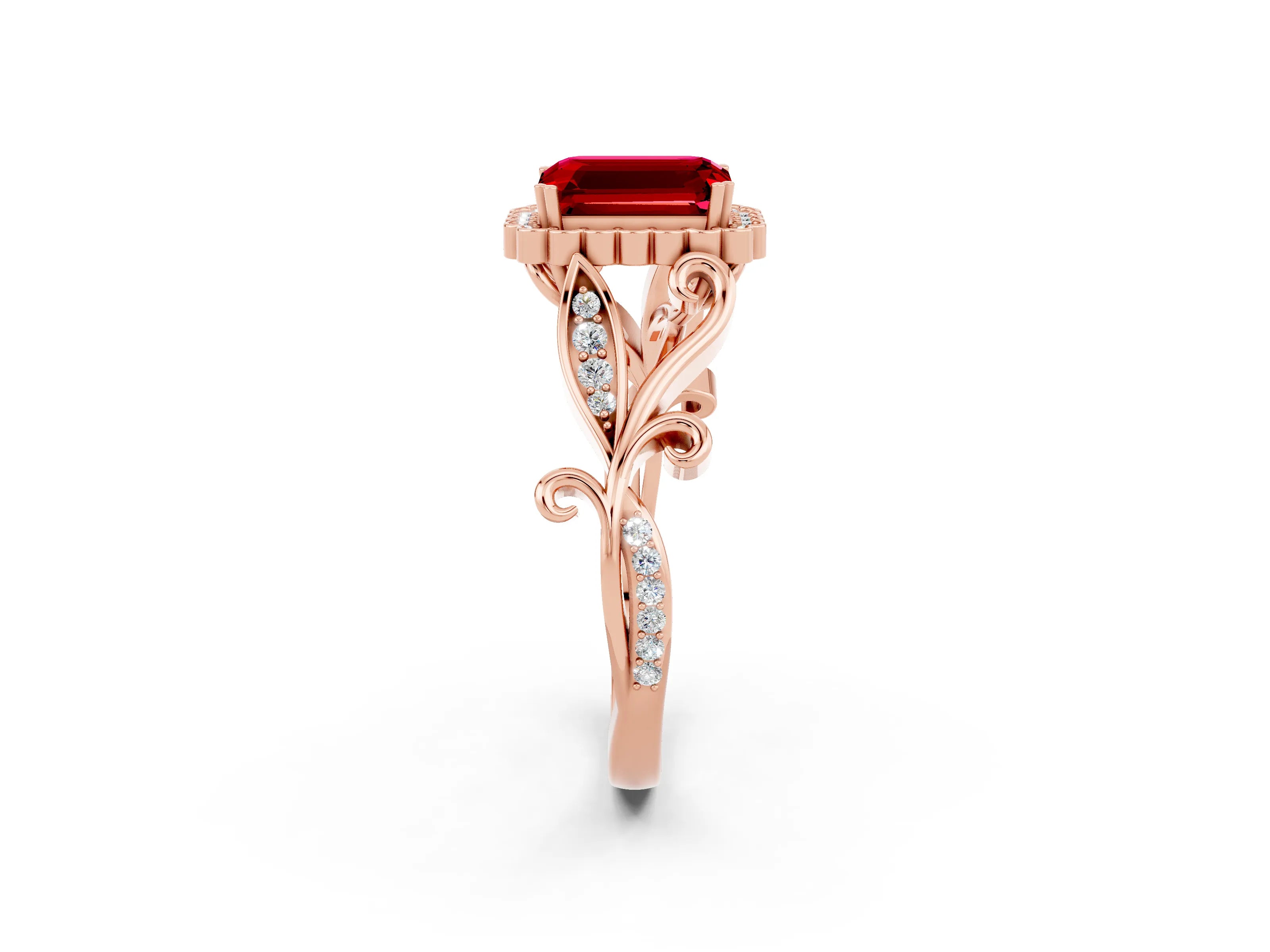 Rose gold Emerald Cut Ruby Halo Ring with Vintage Split Shank and Four-Prong Setting_2