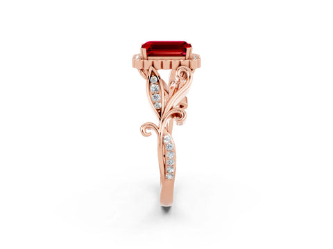 Rose gold Emerald Cut Ruby Halo Ring with Vintage Split Shank and Four-Prong Setting_2