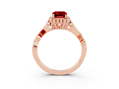 Rose gold Emerald Cut Ruby Halo Ring with Vintage Split Shank and Four-Prong Setting_3