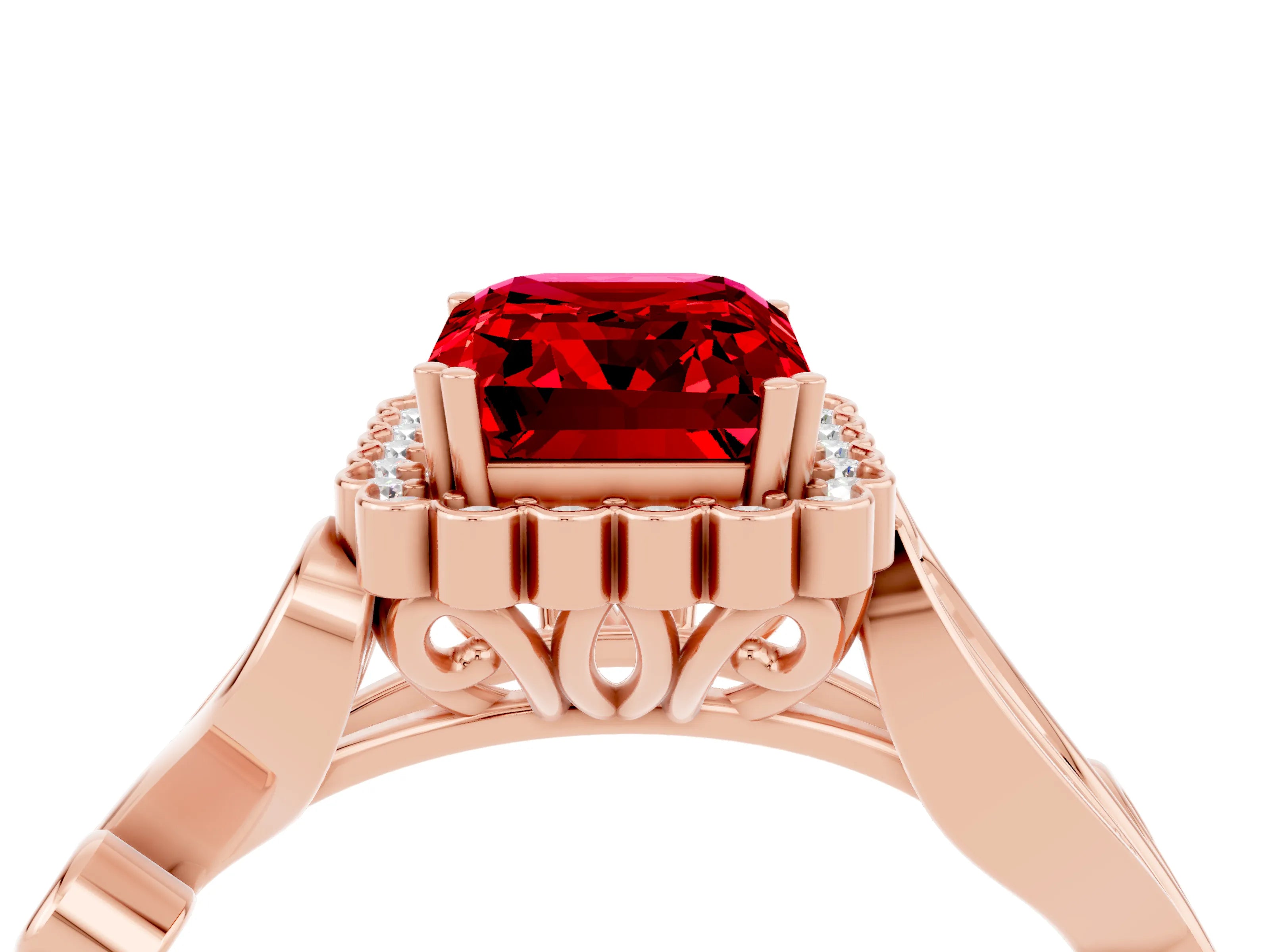 Rose gold Emerald Cut Ruby Halo Ring with Vintage Split Shank and Four-Prong Setting_4