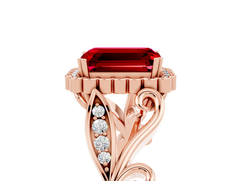 Rose gold Emerald Cut Ruby Halo Ring with Vintage Split Shank and Four-Prong Setting_5