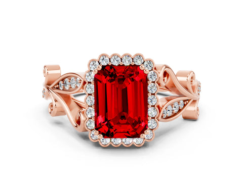 Rose gold Emerald Cut Ruby Halo Ring with Vintage Split Shank and Four-Prong Setting
