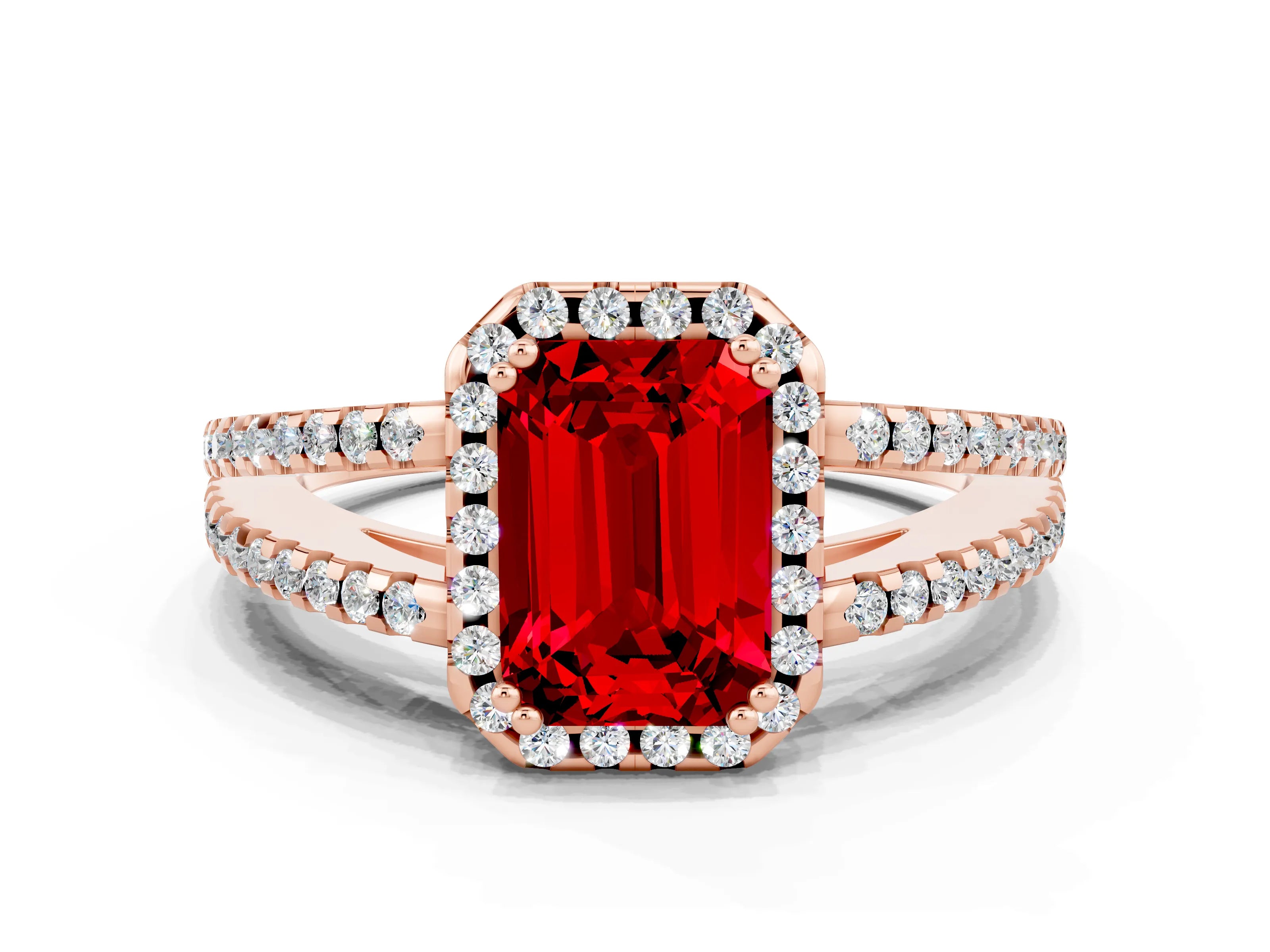 Rose gold Emerald Cut Ruby Halo Split Shank Engagement Ring_12