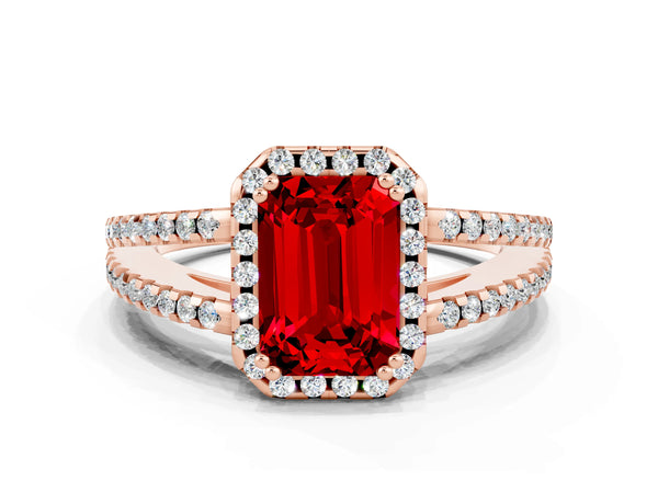 Rose gold Emerald Cut Ruby Halo Split Shank Engagement Ring