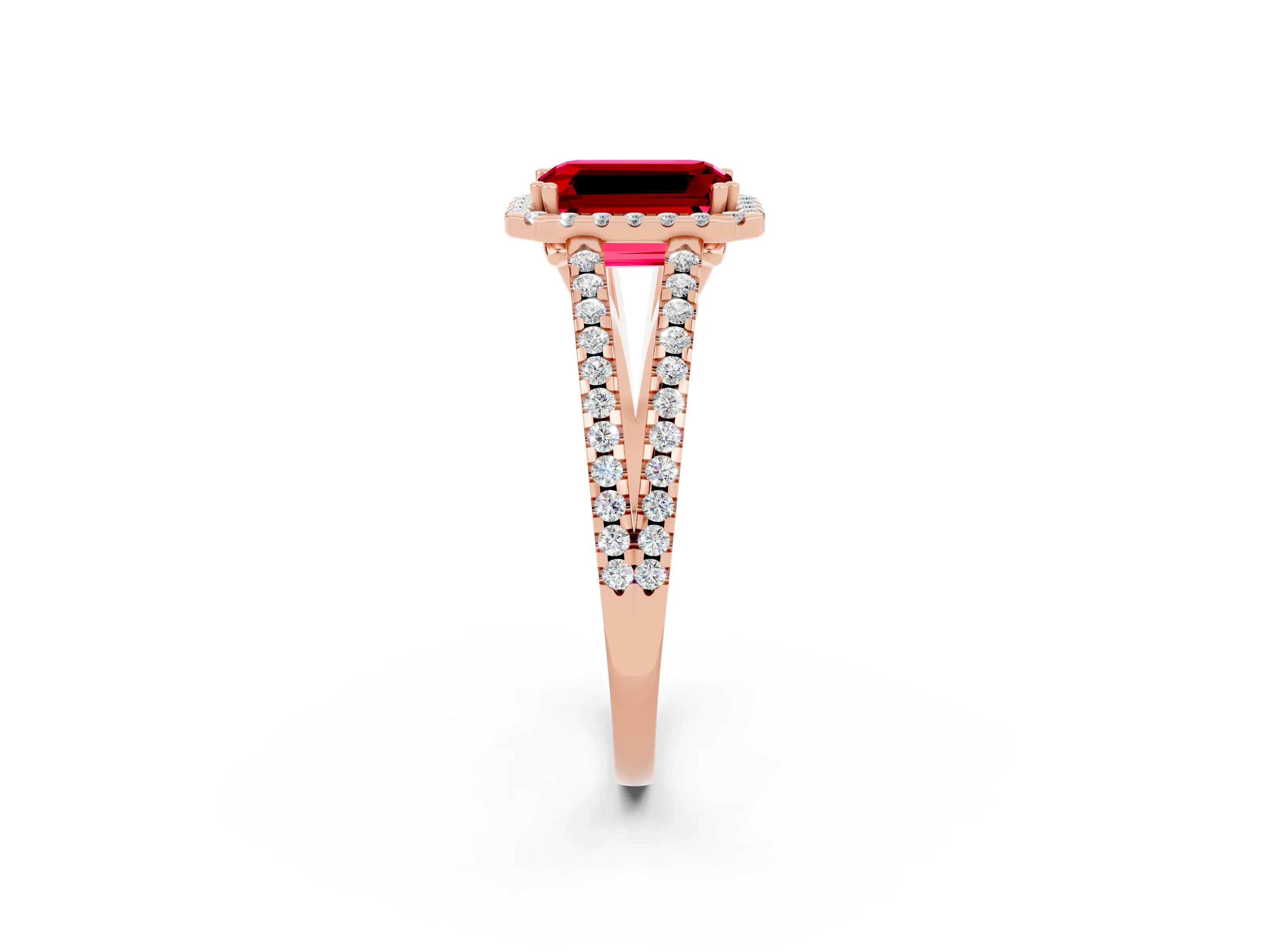 Rose gold Emerald Cut Ruby Halo Split Shank Engagement Ring_14
