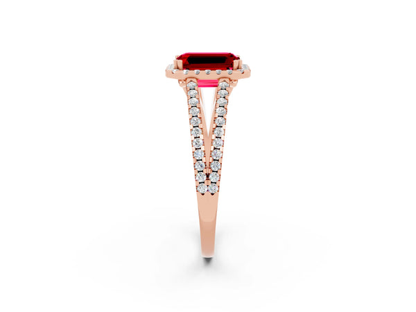 Rose gold Emerald Cut Ruby Halo Split Shank Engagement Ring