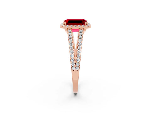 Rose gold Emerald Cut Ruby Halo Split Shank Engagement Ring_14