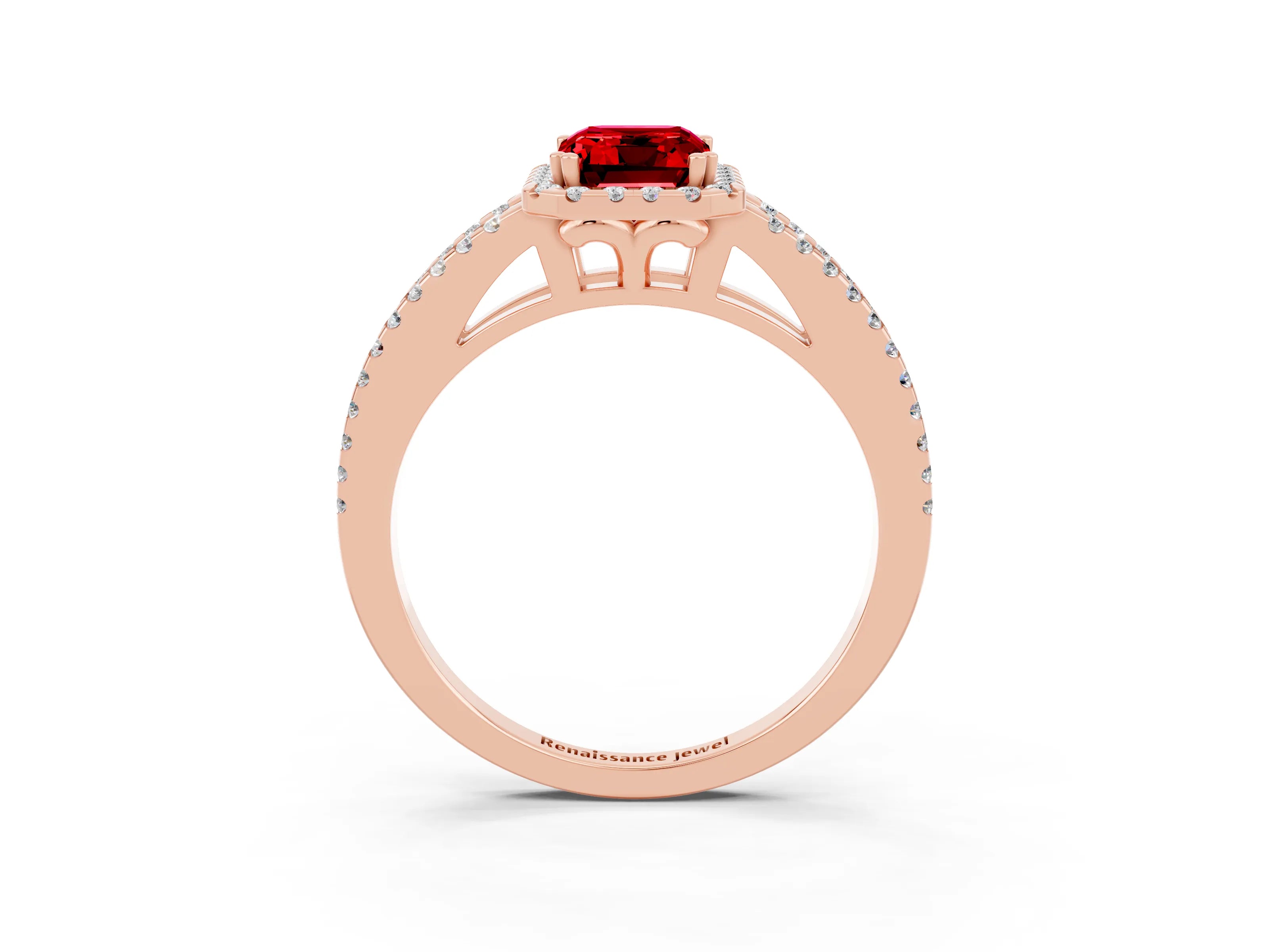 Rose gold Emerald Cut Ruby Halo Split Shank Engagement Ring_15