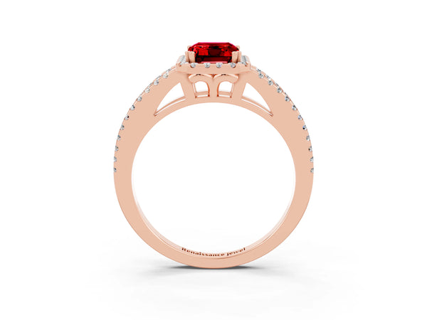 Rose gold Emerald Cut Ruby Halo Split Shank Engagement Ring
