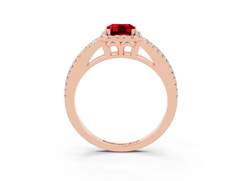 Rose gold Emerald Cut Ruby Halo Split Shank Engagement Ring_15