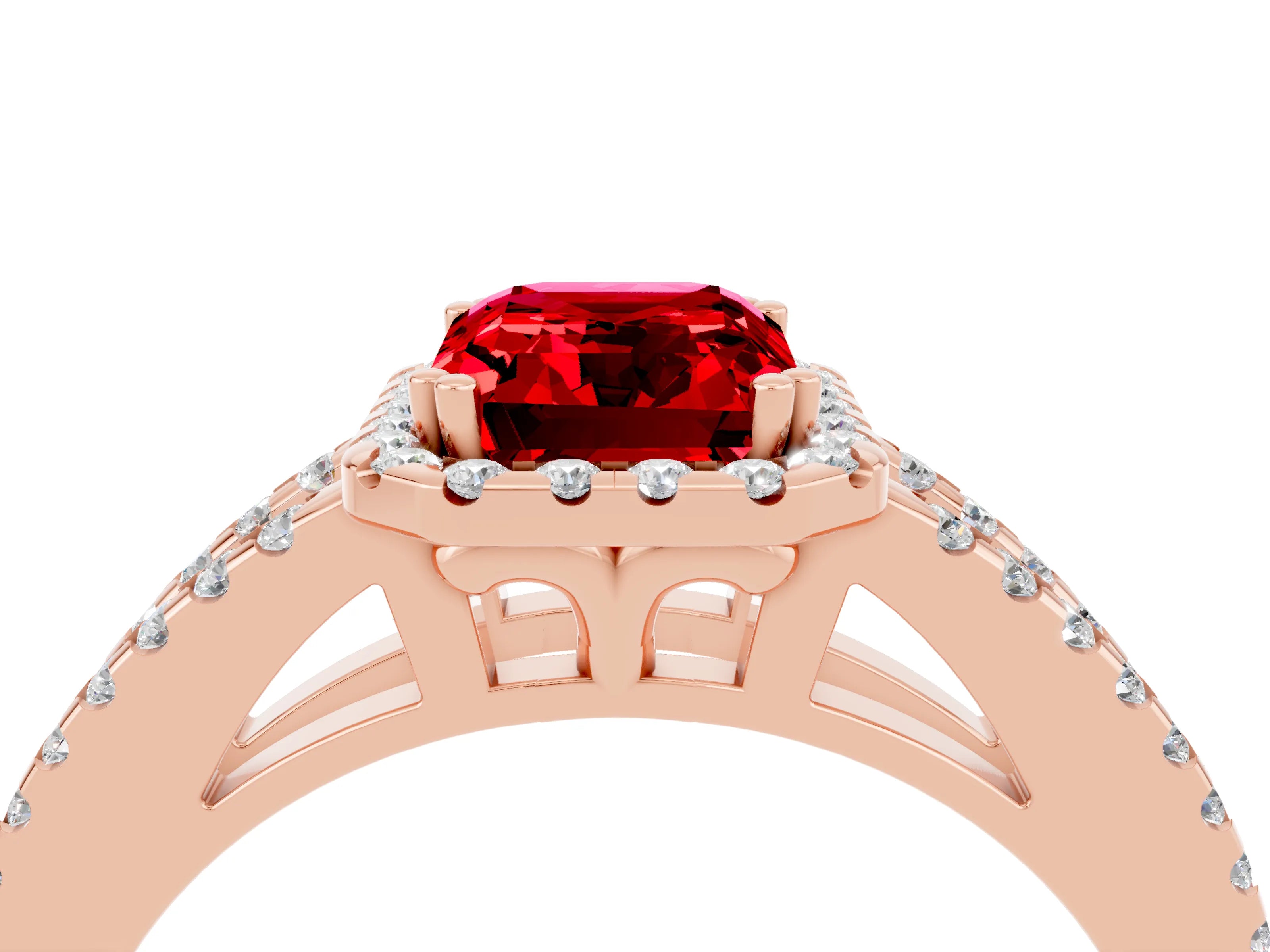 Rose gold Emerald Cut Ruby Halo Split Shank Engagement Ring_16