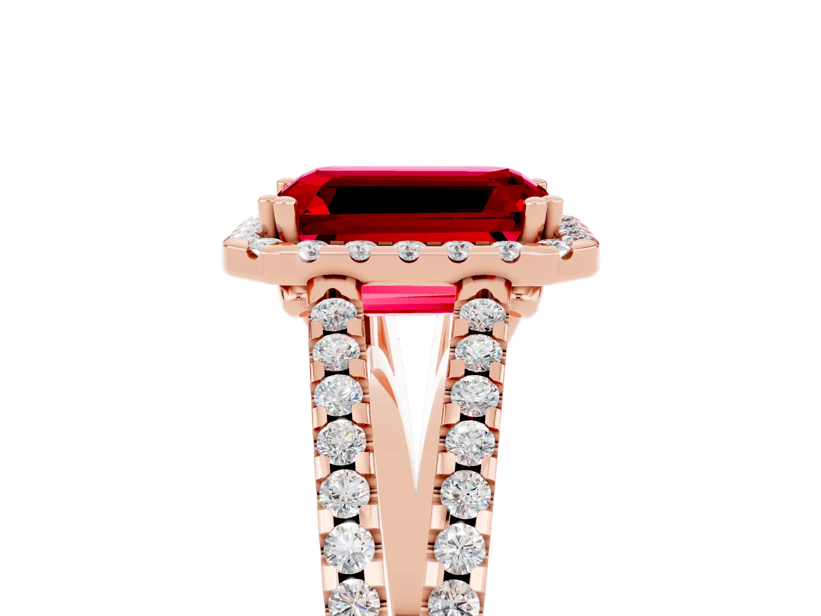 Rose gold Emerald Cut Ruby Halo Split Shank Engagement Ring_17