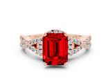 Rose gold Emerald Cut Ruby Halo Twist Band Solitaire Prong Setting Ring