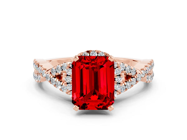 Rose gold Emerald Cut Ruby  Halo Twist Band Solitaire Prong Setting Ring