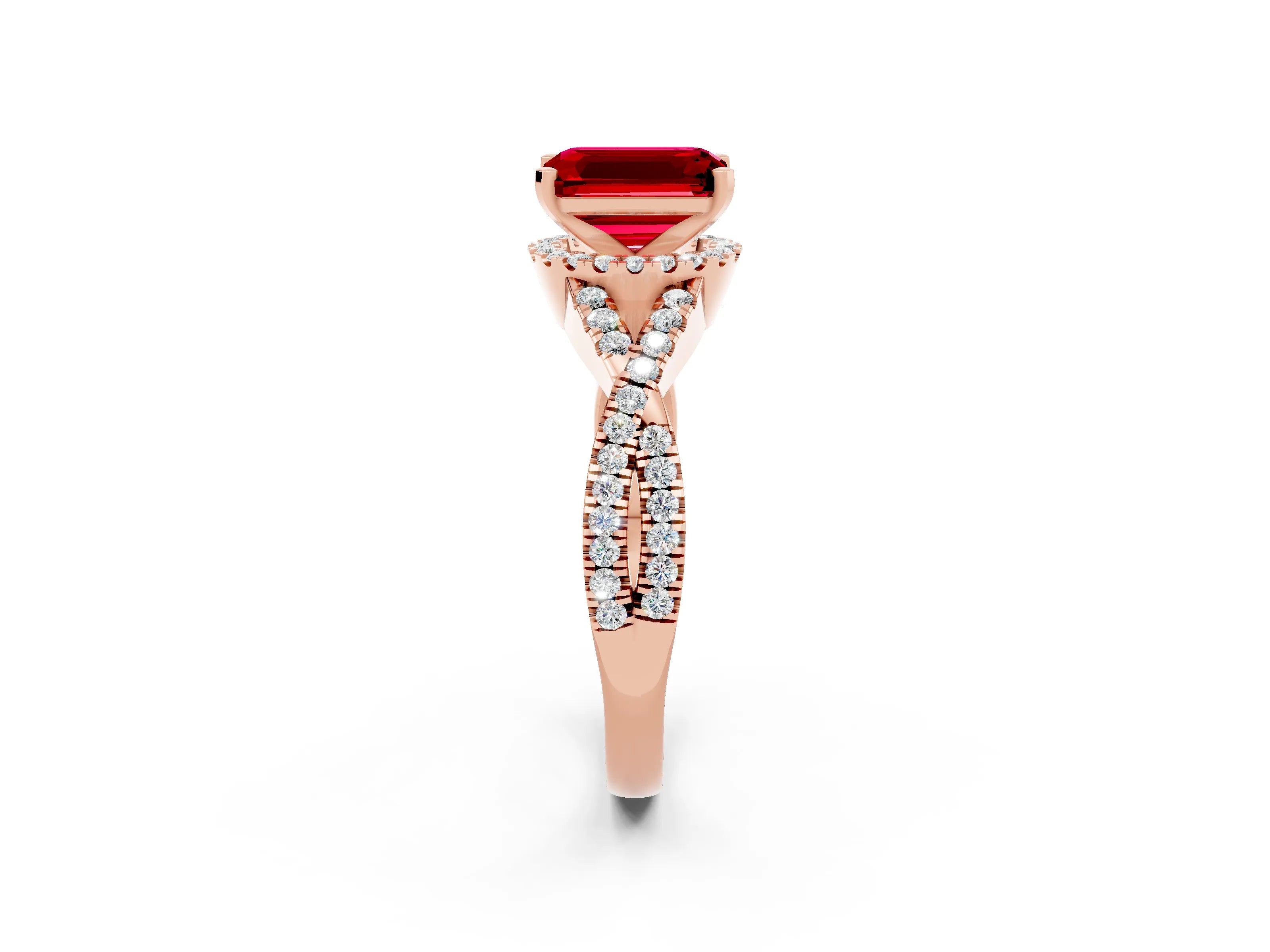 Rose gold Emerald Cut Ruby Halo Twist Band Solitaire Prong Setting Ring_2