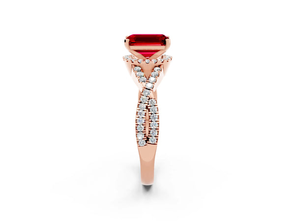 Rose gold Emerald Cut Ruby  Halo Twist Band Solitaire Prong Setting Ring