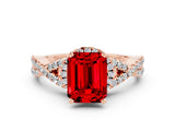 Rose gold Emerald Cut Ruby  Halo Twist Band Solitaire Prong Setting Ring_24