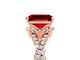 Rose gold Emerald Cut Ruby  Halo Twist Band Solitaire Prong Setting Ring_29