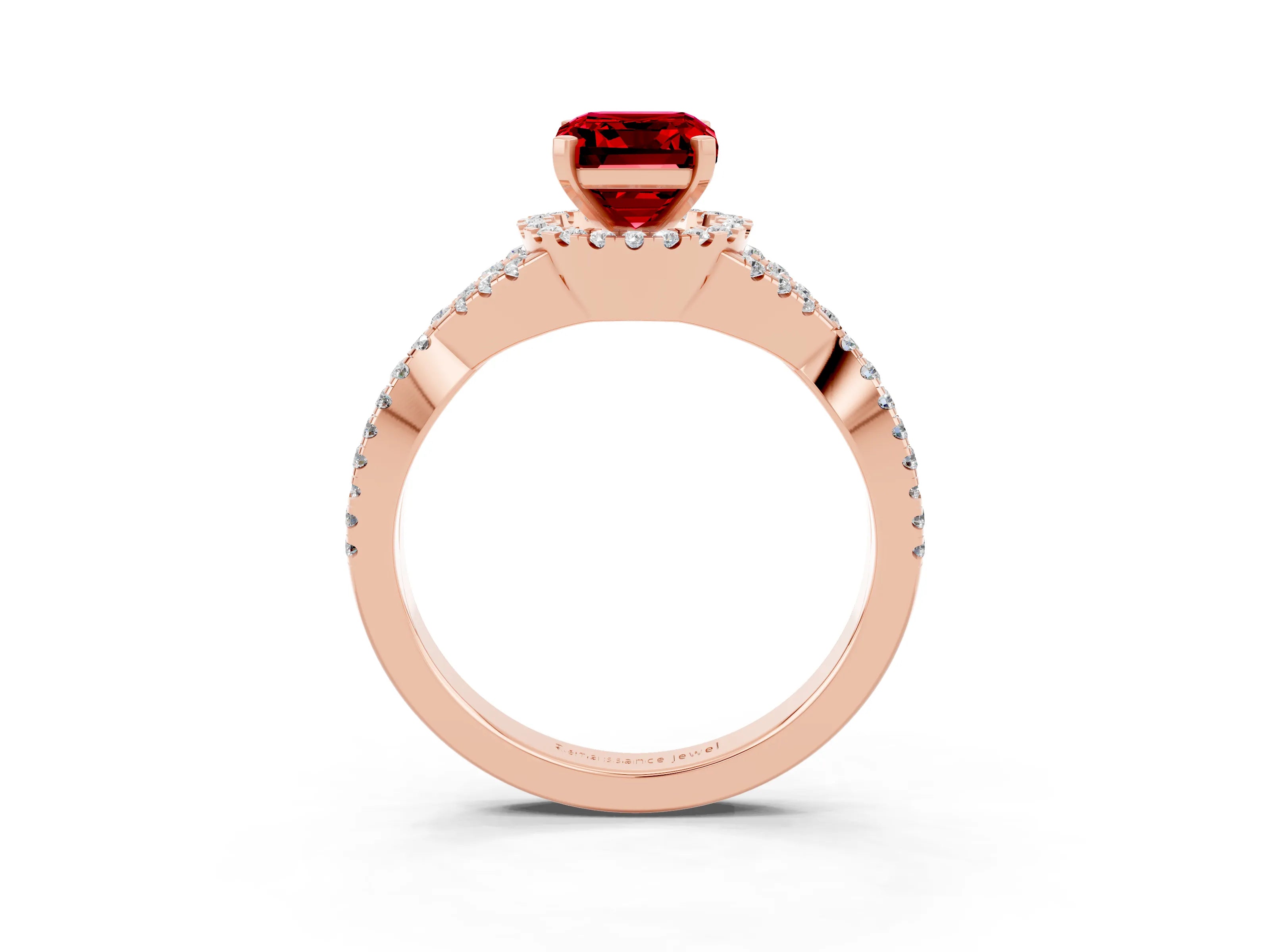 Rose gold Emerald Cut Ruby Halo Twist Band Solitaire Prong Setting Ring_3
