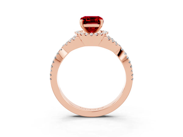 Rose gold Emerald Cut Ruby  Halo Twist Band Solitaire Prong Setting Ring