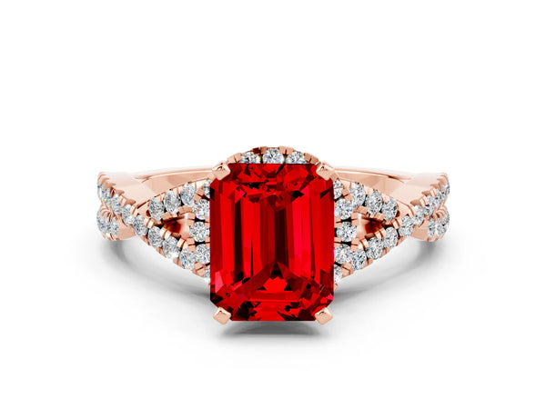 Rose gold Emerald Cut Ruby  Halo Twist Band Solitaire Prong Setting Ring