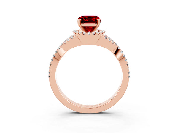Rose gold Emerald Cut Ruby  Halo Twist Band Solitaire Prong Setting Ring