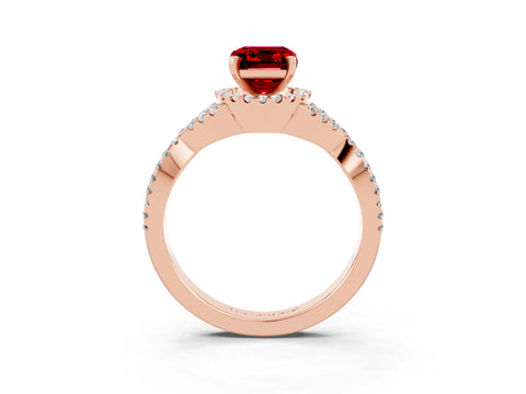 Rose gold Emerald Cut Ruby Halo Twist Band Solitaire Prong Setting Ring_3