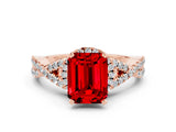 Rose gold Emerald Cut Ruby  Halo Twist Band Solitaire Prong Setting Ring_42