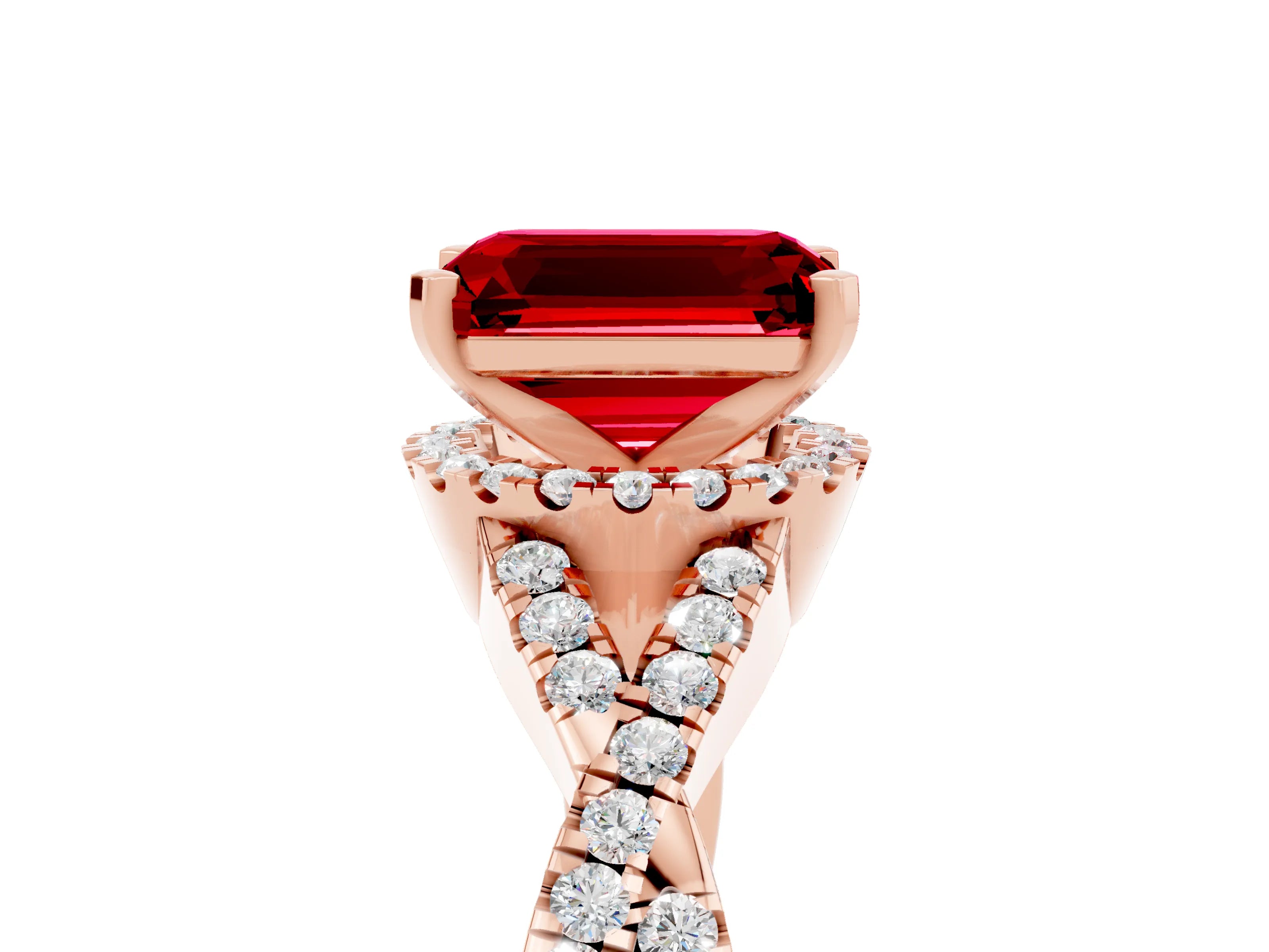 Rose gold Emerald Cut Ruby Halo Twist Band Solitaire Prong Setting Ring_5