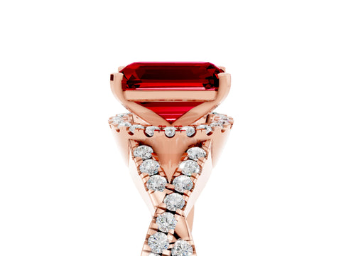 Rose gold Emerald Cut Ruby Halo Twist Band Solitaire Prong Setting Ring_5