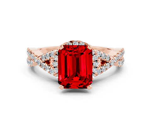 Rose gold Emerald Cut Ruby Halo Twist Band Solitaire Prong Setting Ring