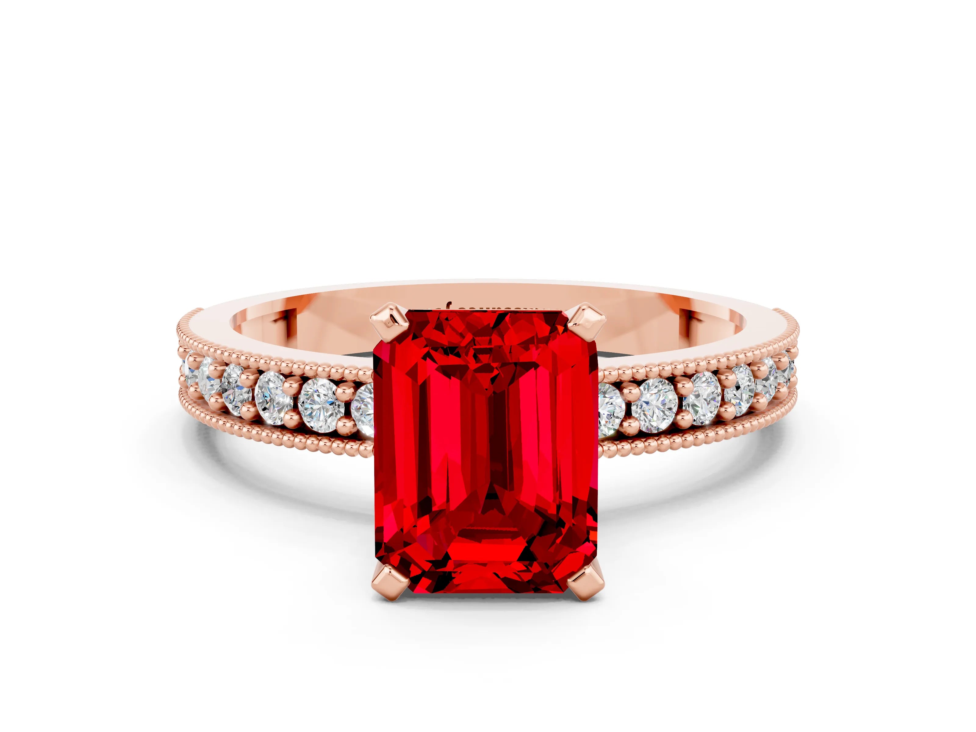 Rose gold Emerald Cut Ruby Milgrain Pavé Engagement Ring with Four-Prong Setting_12