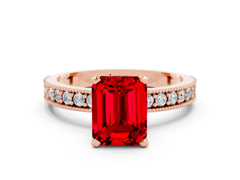 Rose gold Emerald Cut Ruby Milgrain Pavé Engagement Ring with Four-Prong Setting_12