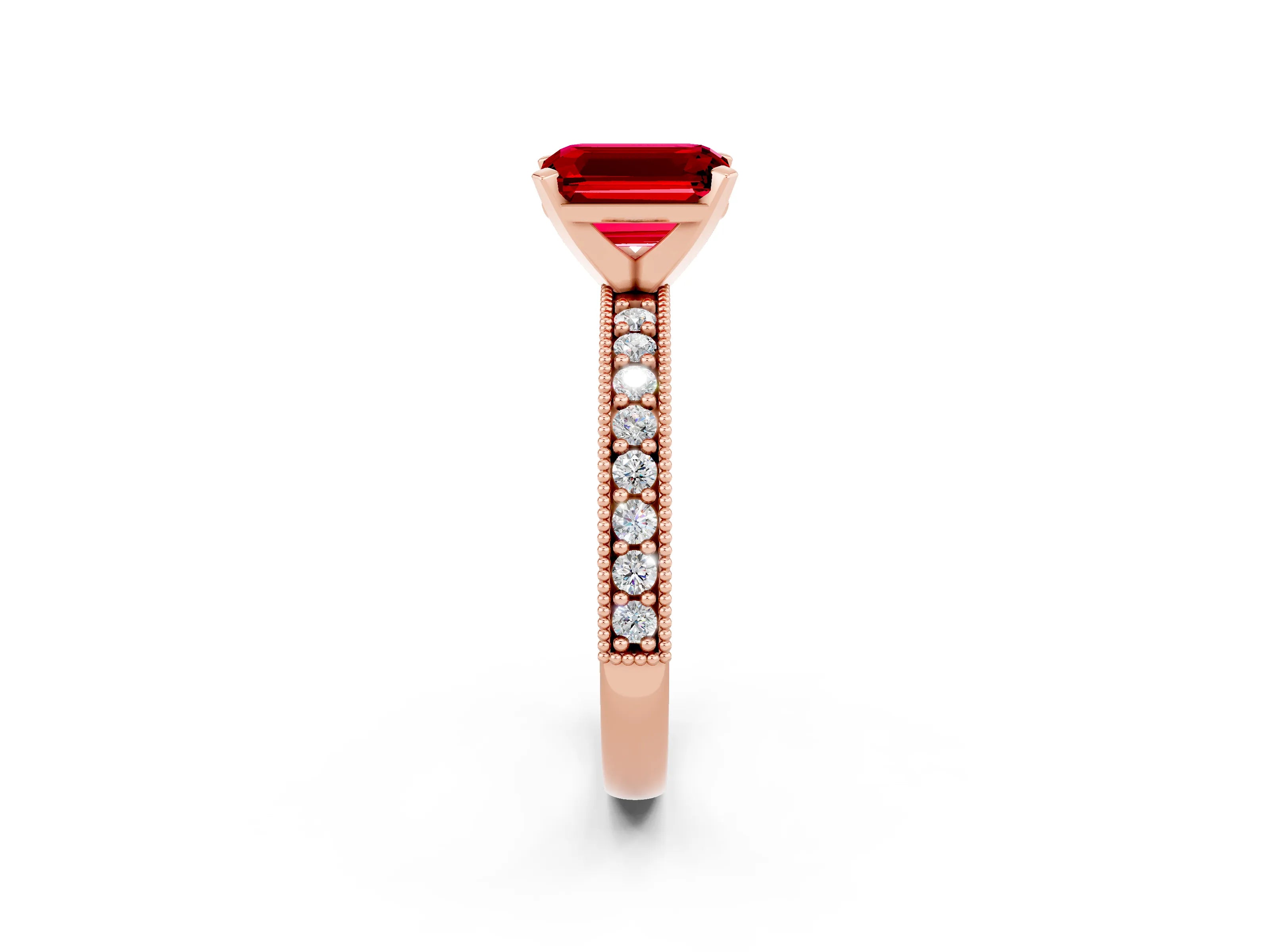 Rose gold Emerald Cut Ruby Milgrain Pavé Engagement Ring with Four-Prong Setting_14