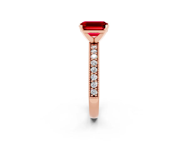 Rose gold Emerald Cut Ruby Milgrain Pavé Engagement Ring with Four-Prong Setting