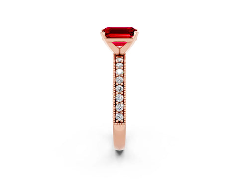 Rose gold Emerald Cut Ruby Milgrain Pavé Engagement Ring with Four-Prong Setting_14