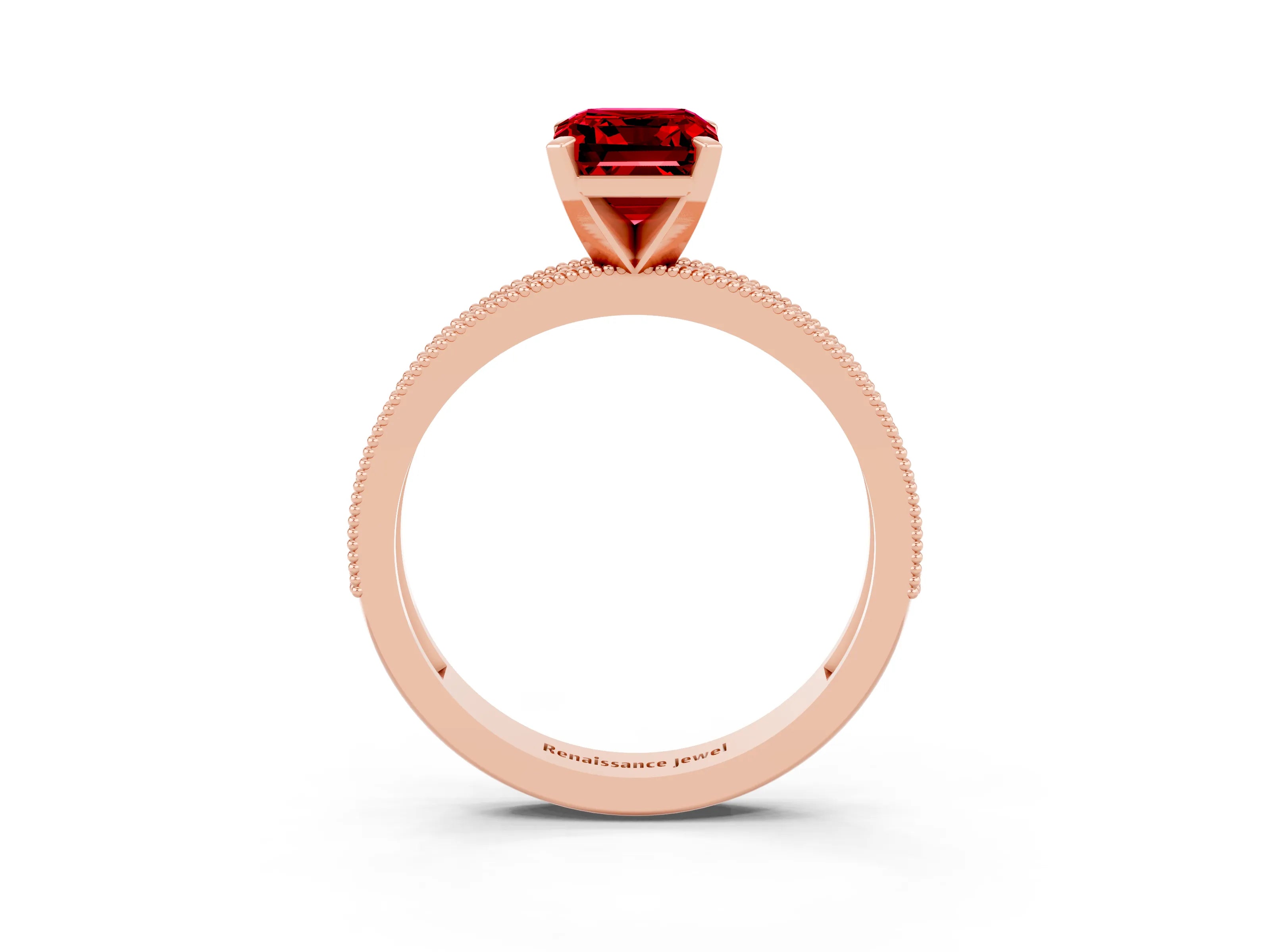 Rose gold Emerald Cut Ruby Milgrain Pavé Engagement Ring with Four-Prong Setting_15