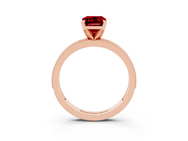 Rose gold Emerald Cut Ruby Milgrain Pavé Engagement Ring with Four-Prong Setting