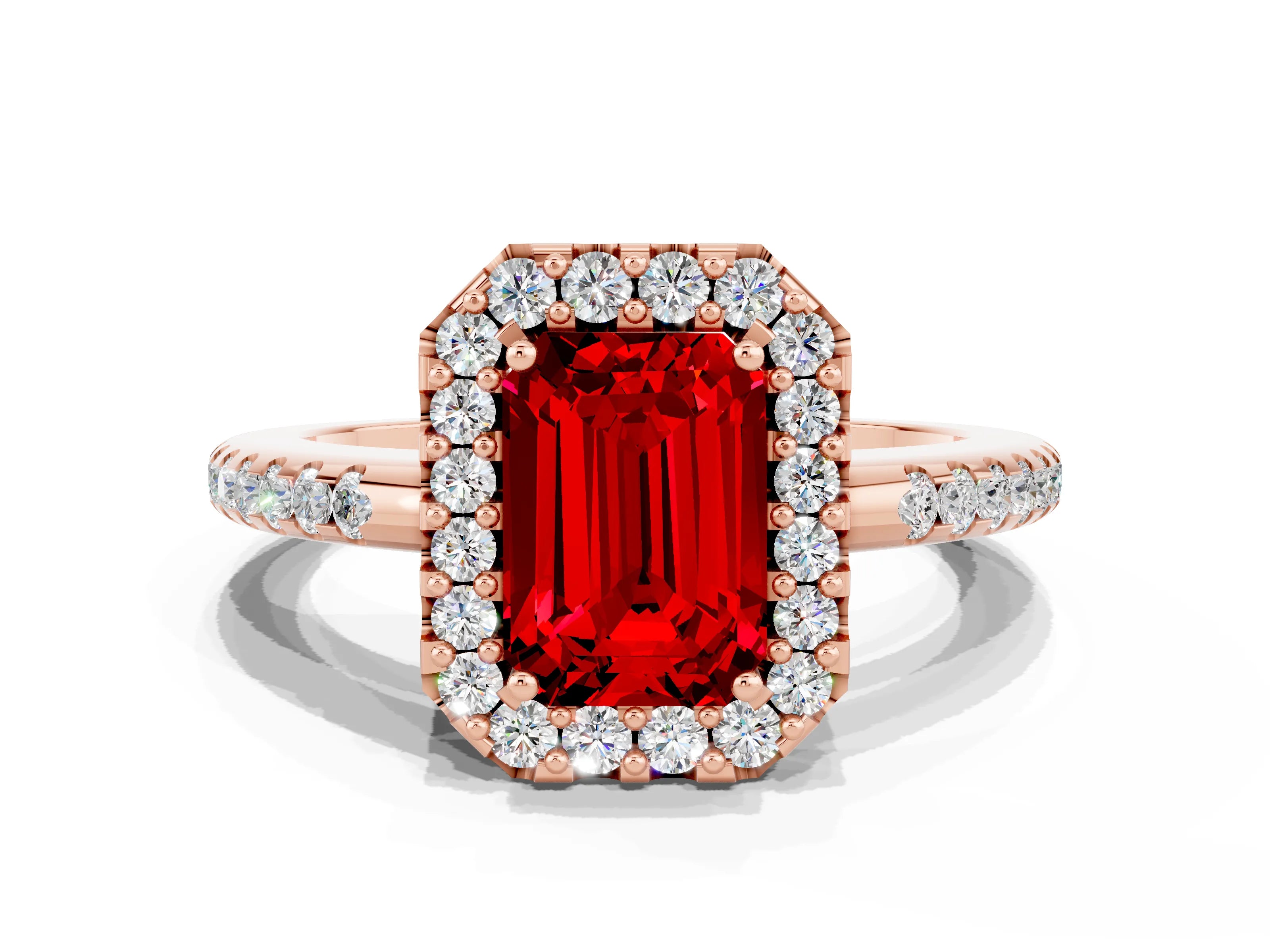 Rose gold Emerald Cut Ruby Pavé Halo Ring with Four-Prong Setting_12