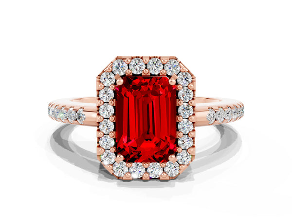 Rose gold Emerald Cut Ruby Pavé Halo Ring with Four-Prong Setting