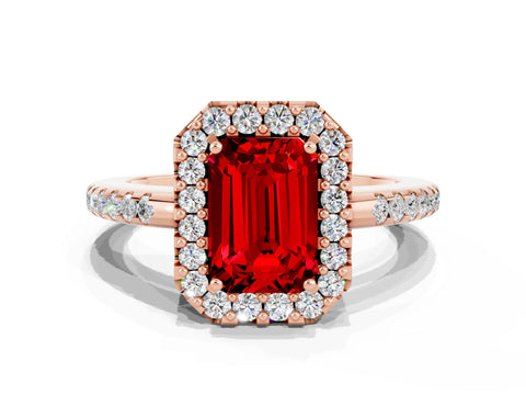 Rose gold Emerald Cut Ruby Pavé Halo Ring with Four-Prong Setting_12