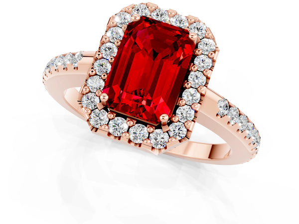 Rose gold Emerald Cut Ruby Pavé Halo Ring with Four-Prong Setting
