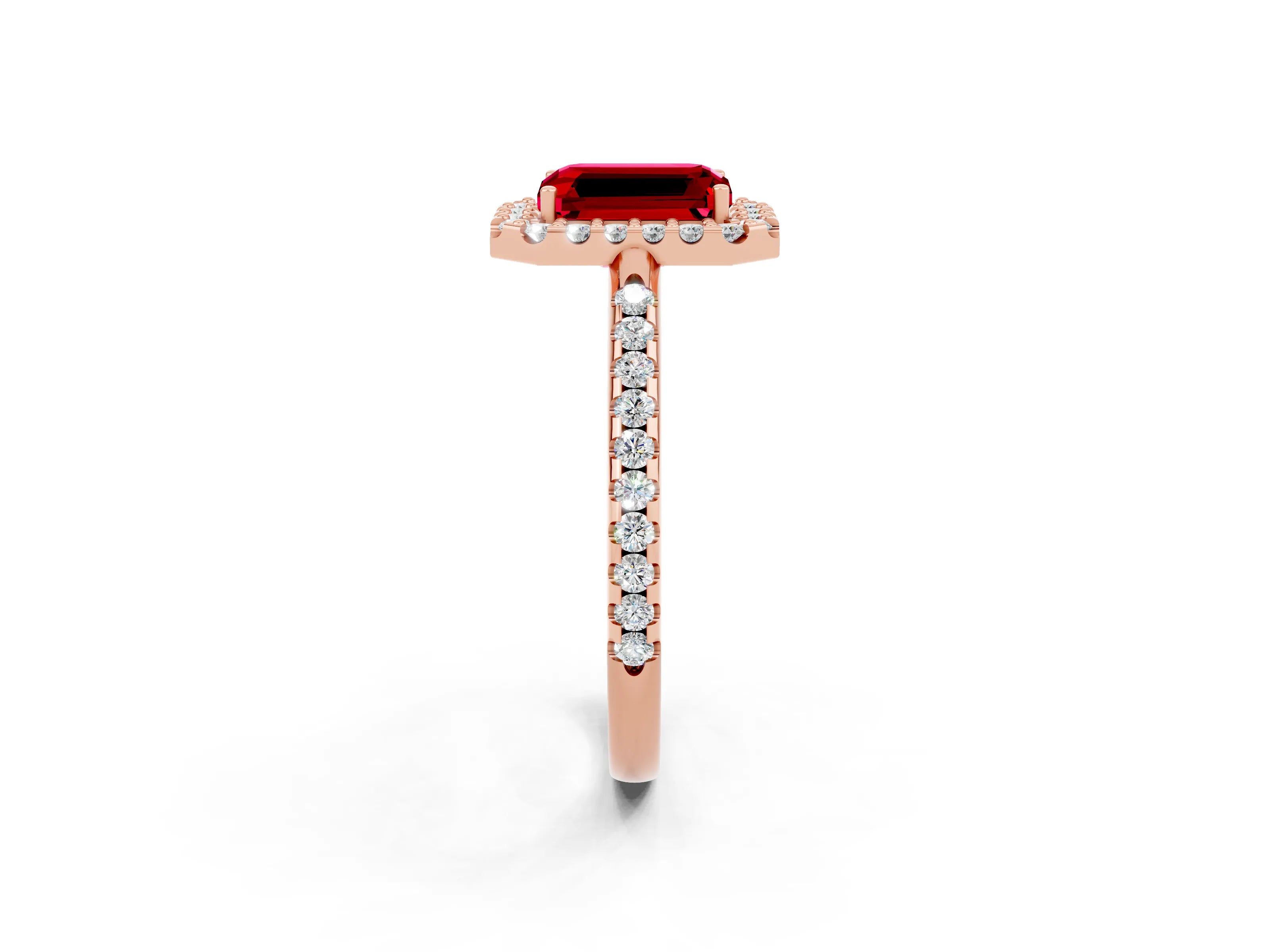 Rose gold Emerald Cut Ruby Pavé Halo Ring with Four-Prong Setting_14