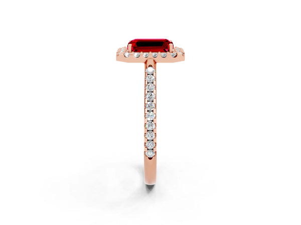 Rose gold Emerald Cut Ruby Pavé Halo Ring with Four-Prong Setting