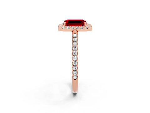Rose gold Emerald Cut Ruby Pavé Halo Ring with Four-Prong Setting_14