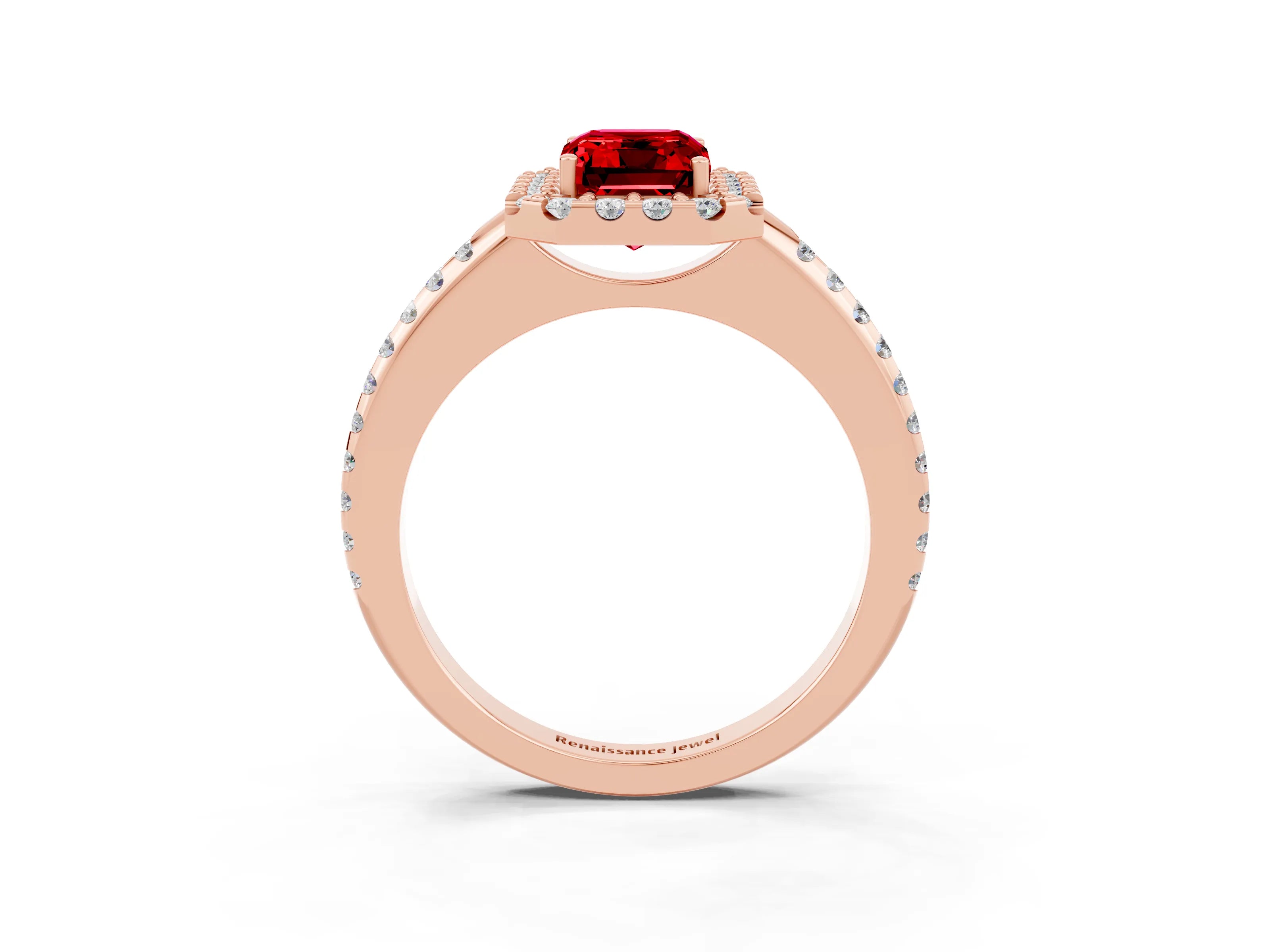 Rose gold Emerald Cut Ruby Pavé Halo Ring with Four-Prong Setting_15